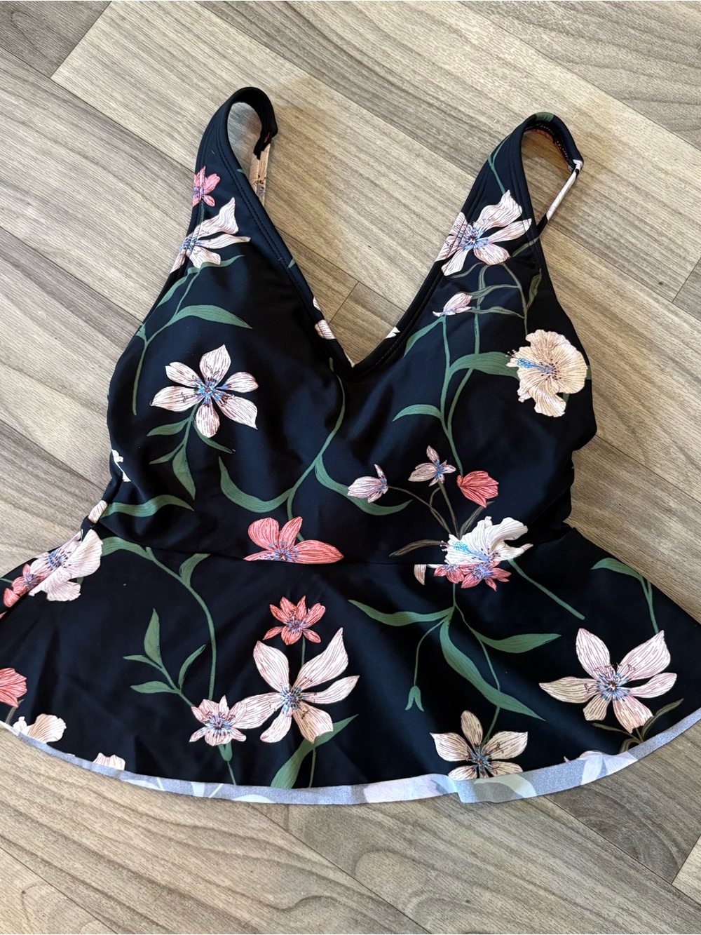 Black Floral V-Neck Peplum Swim Top